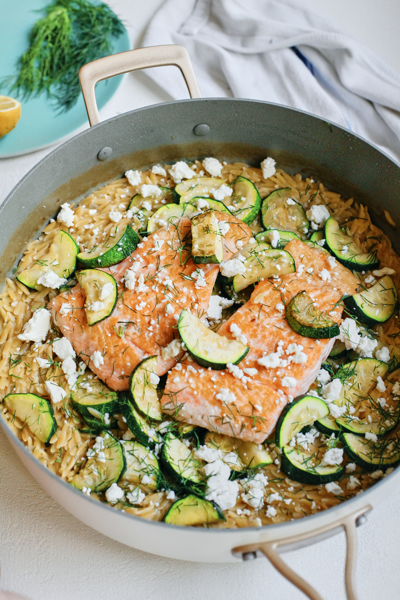 One Pan Mediterranean Salmon with crumbled feta, dill and lemon