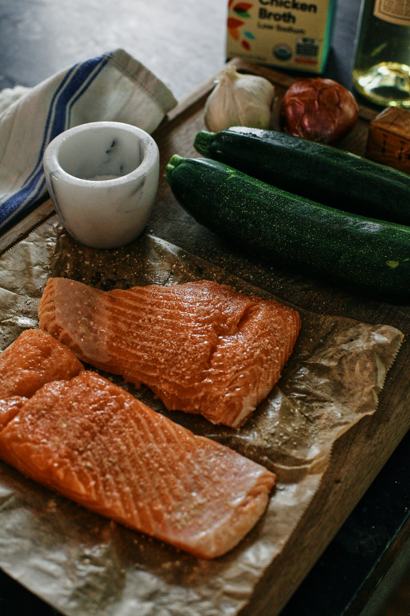 prep station: salmon and zucchini