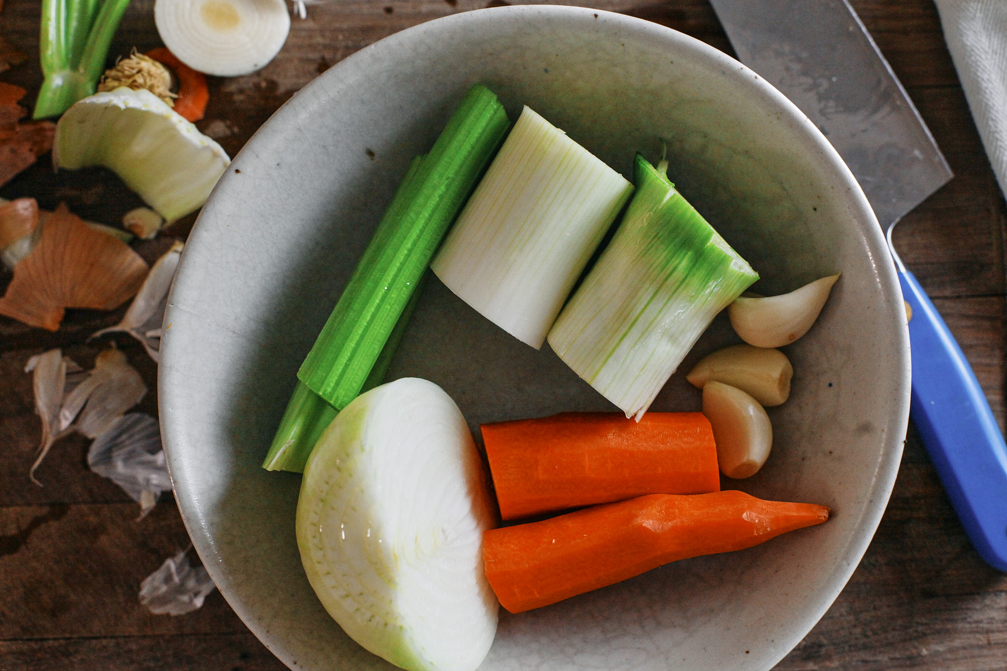 celery, leek, carrot, onion and garlic prep