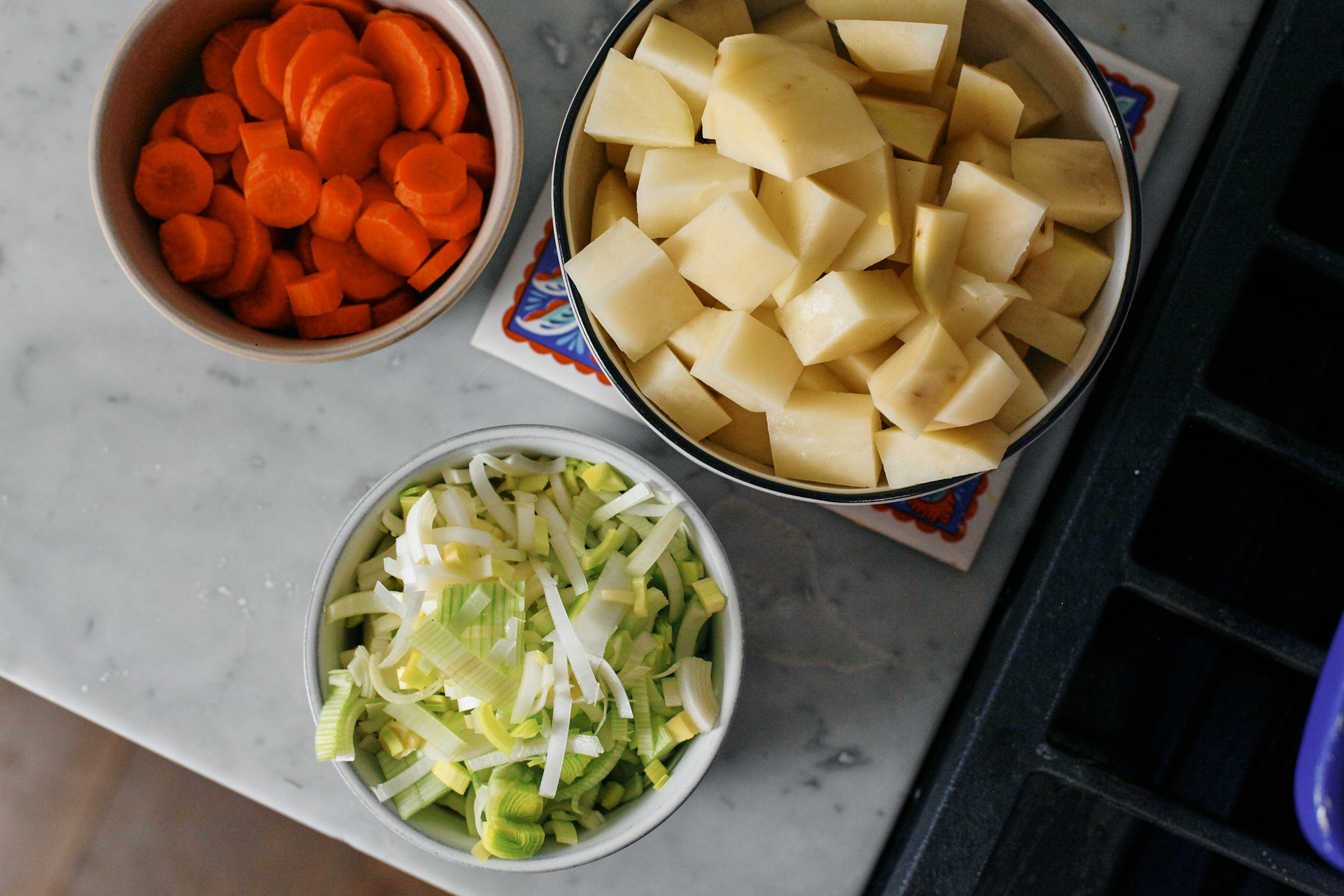 prep for finnish salmon soup: carrots, potato and leek