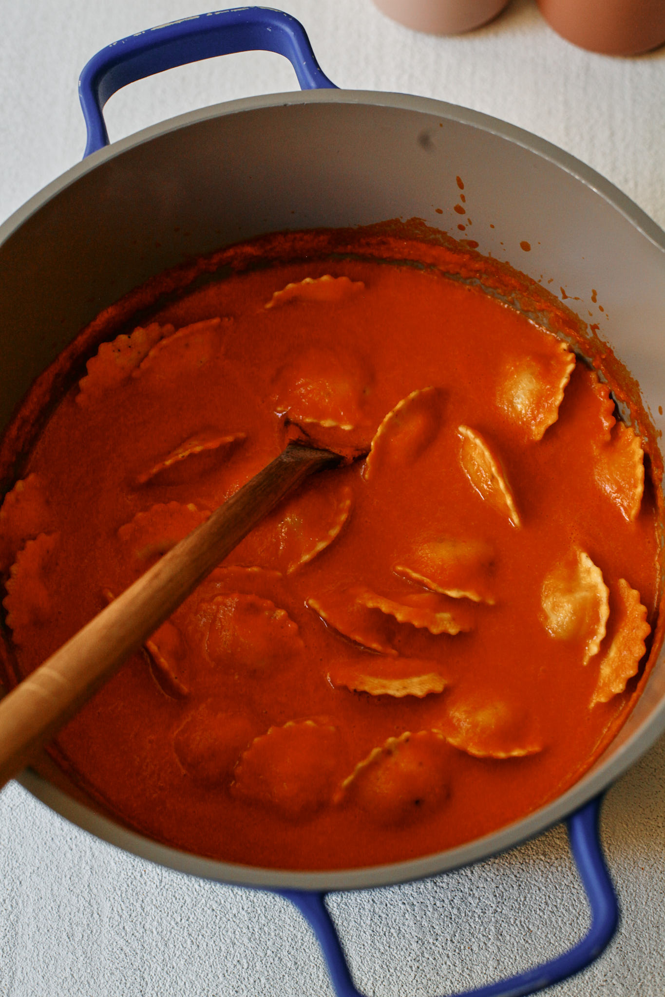 roasted red pepper soup with ravioli