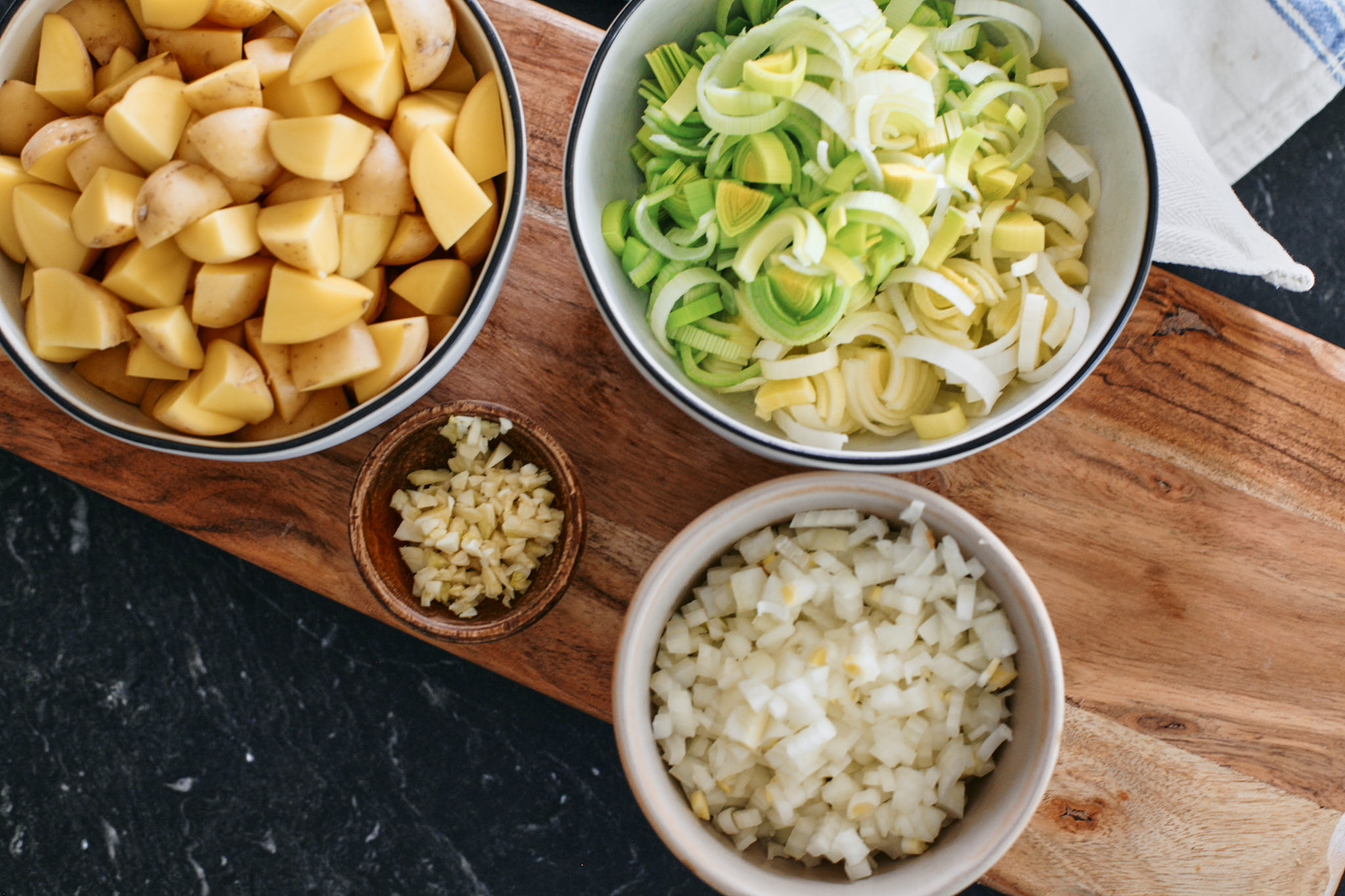prep: chopped potato, leek, onion and garlic