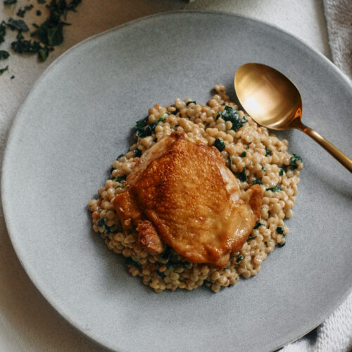 one pan creamy boursin chicken with pearl couscous