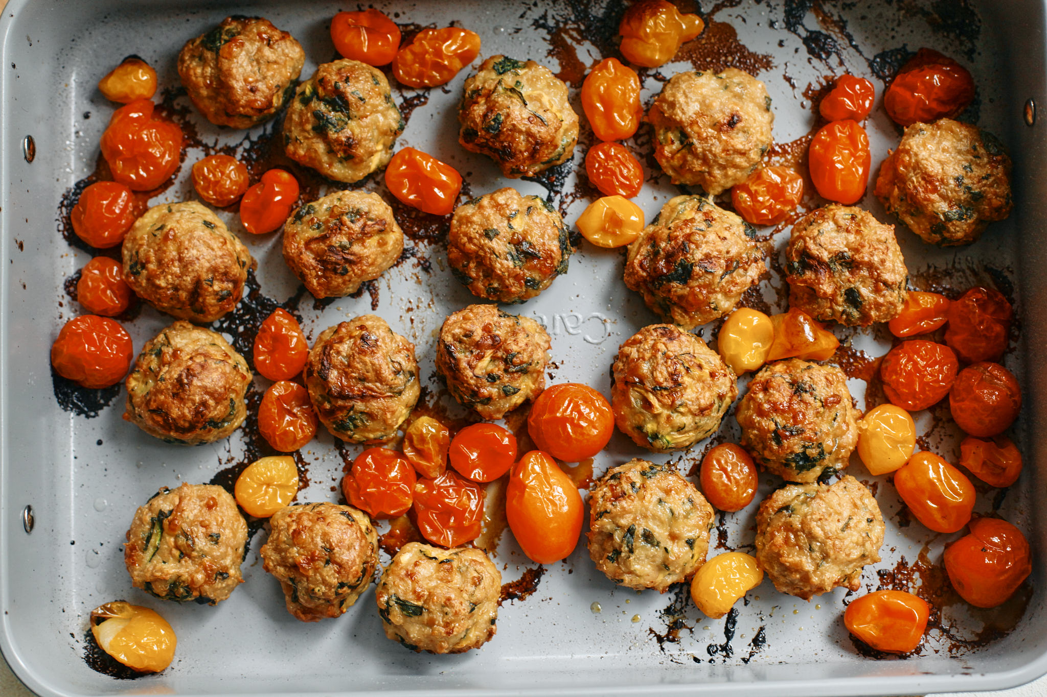 baked chicken florentine meatballs with roasted tomatoes
