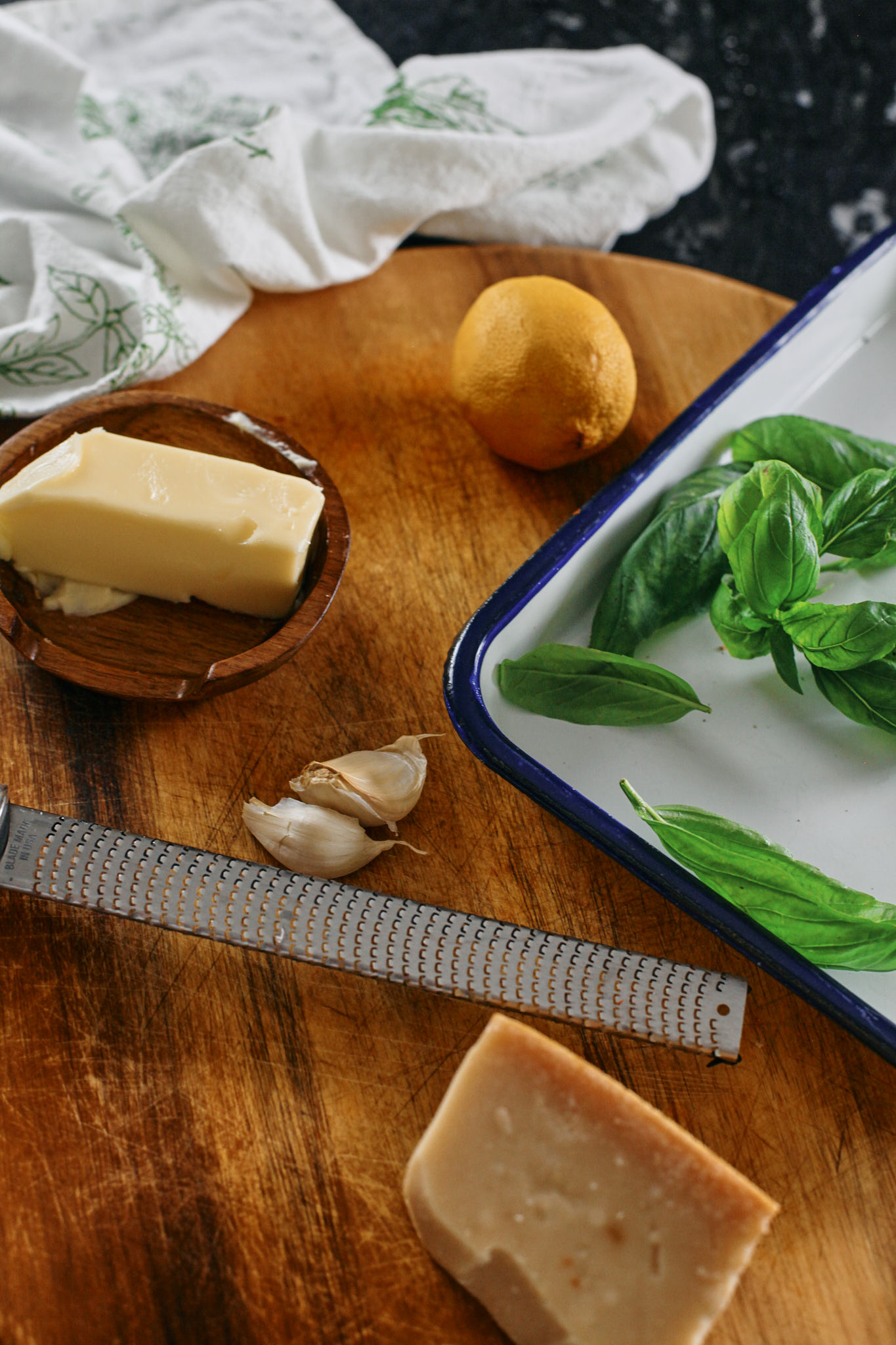 prep for lemon basil burrata pasta: butter, lemon, basil, garlic, parmesan