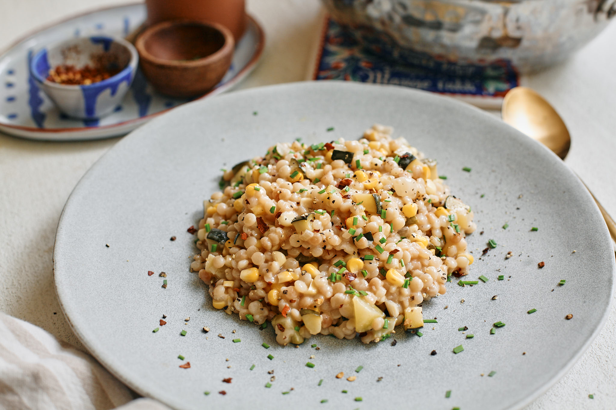 one pot boursin creamy corn pearl couscous