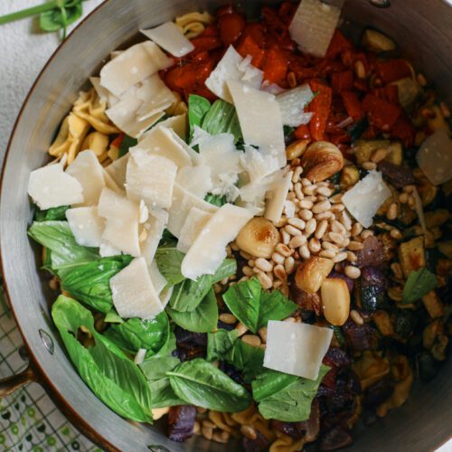 roasted vegetable tortellini salad with toasted pine nuts, parmesan and basil