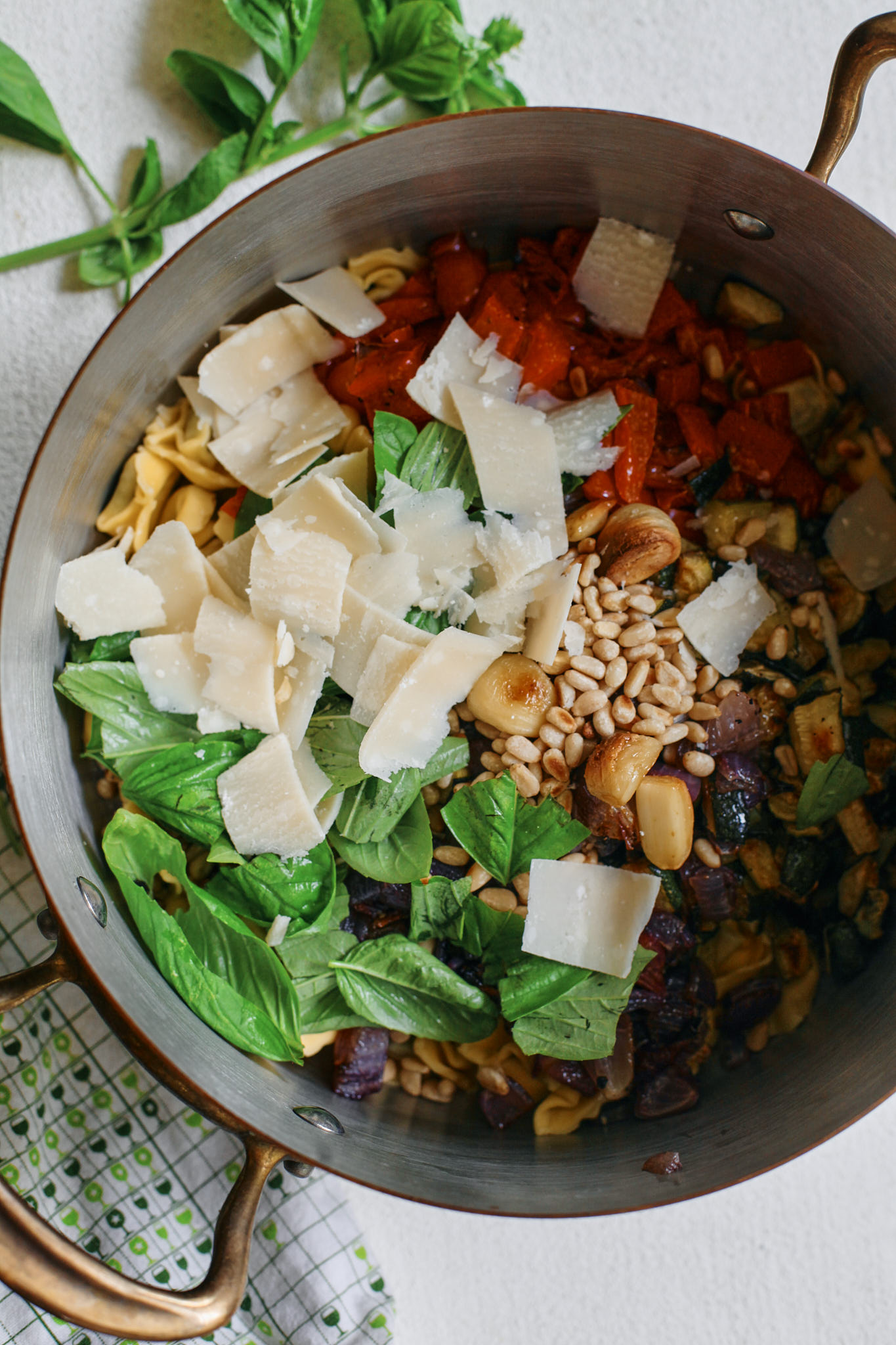 roasted vegetable tortellini salad with toasted pine nuts, parmesan and basil