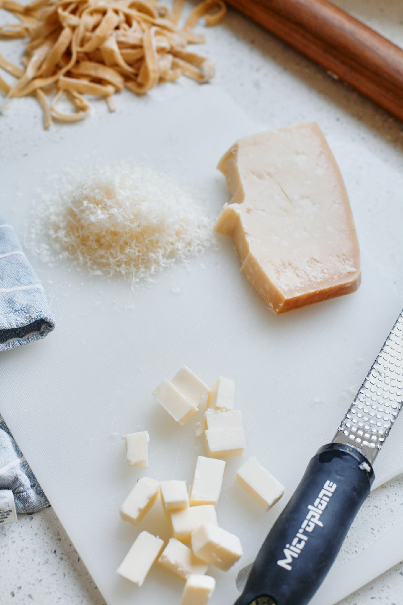 prep for the alfredo sauce: butter, parmesan, noodles