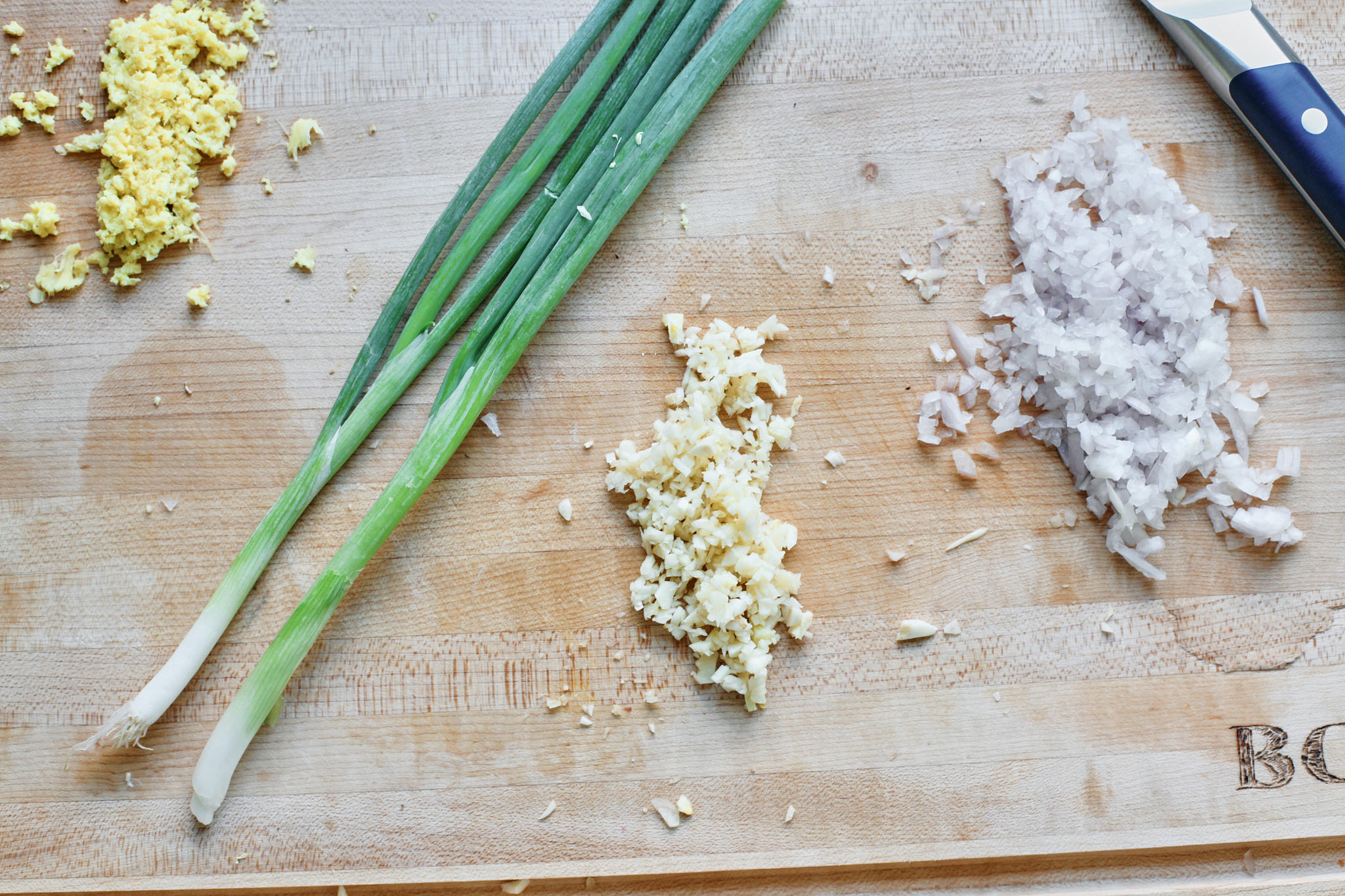 prep for the coconut curry ramen soup: ginger, green onion, garlic and shallot