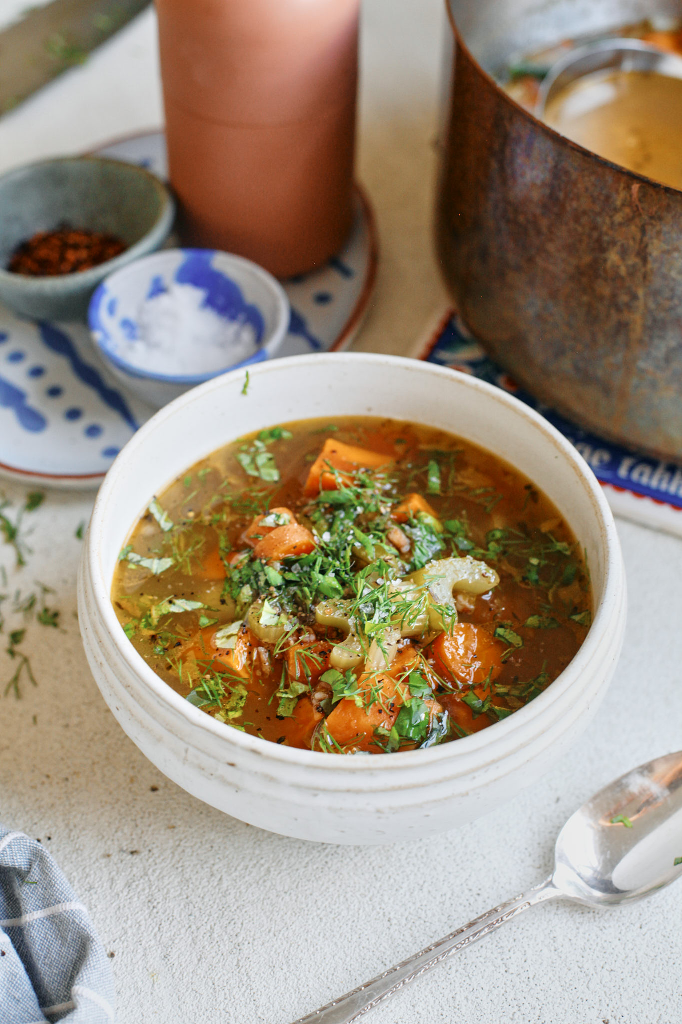 rustic vegetable farro soup