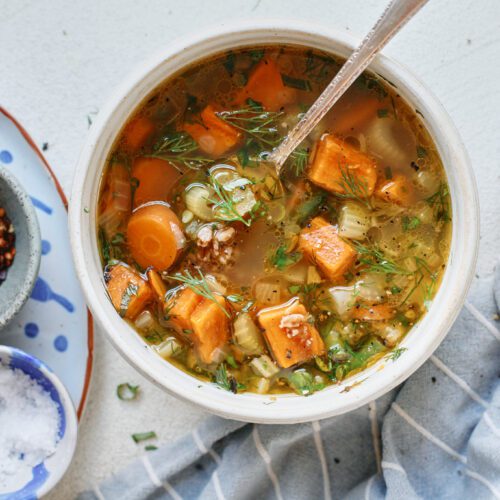 rustic vegetable farro soup