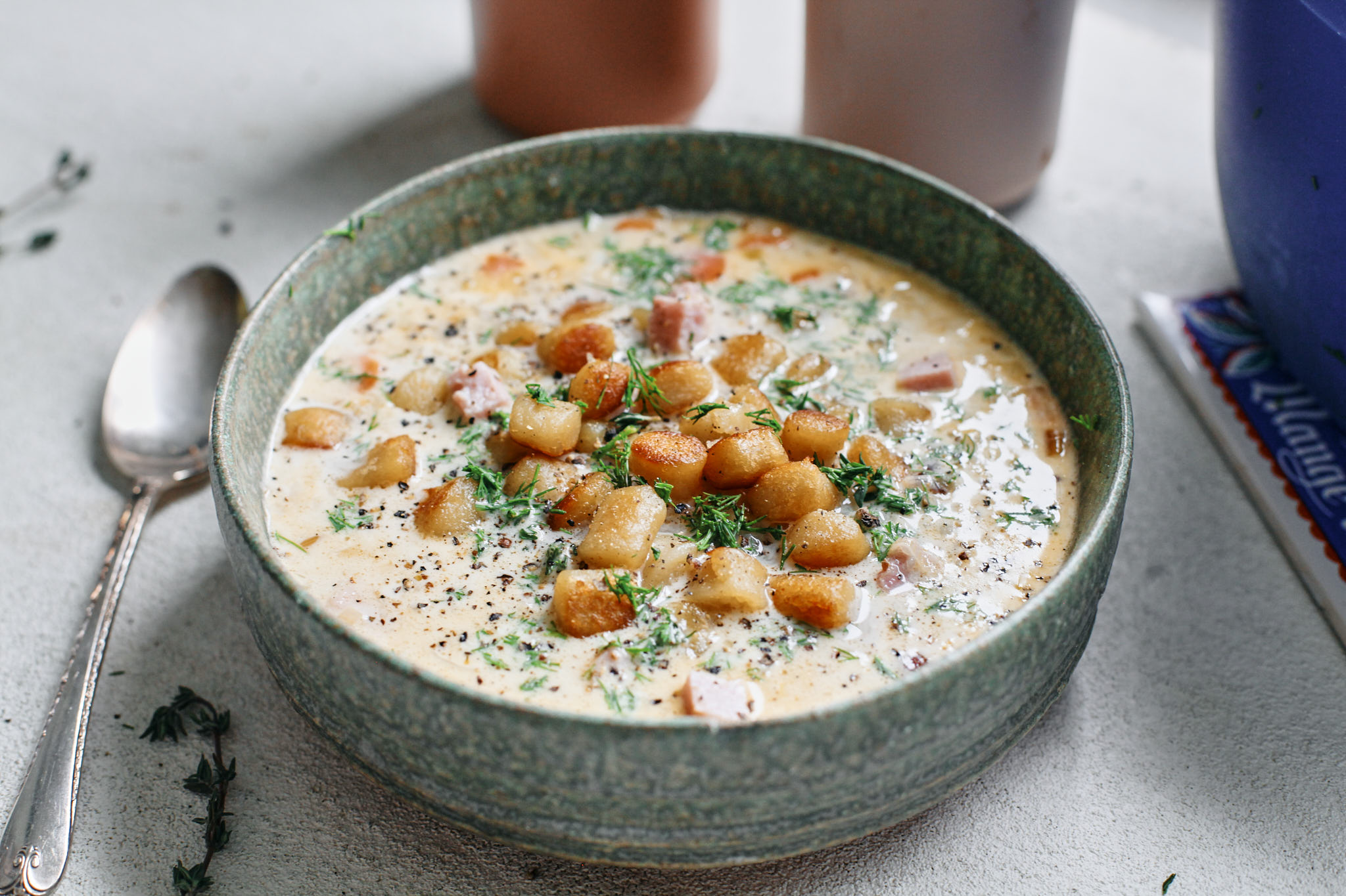 crispy gnocchi ham & leek soup