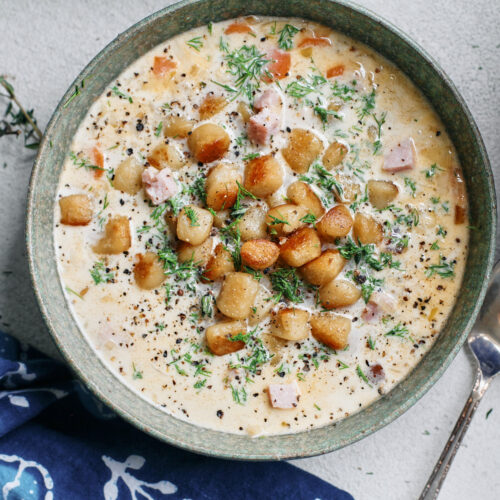 crispy gnocchi ham & leek soup