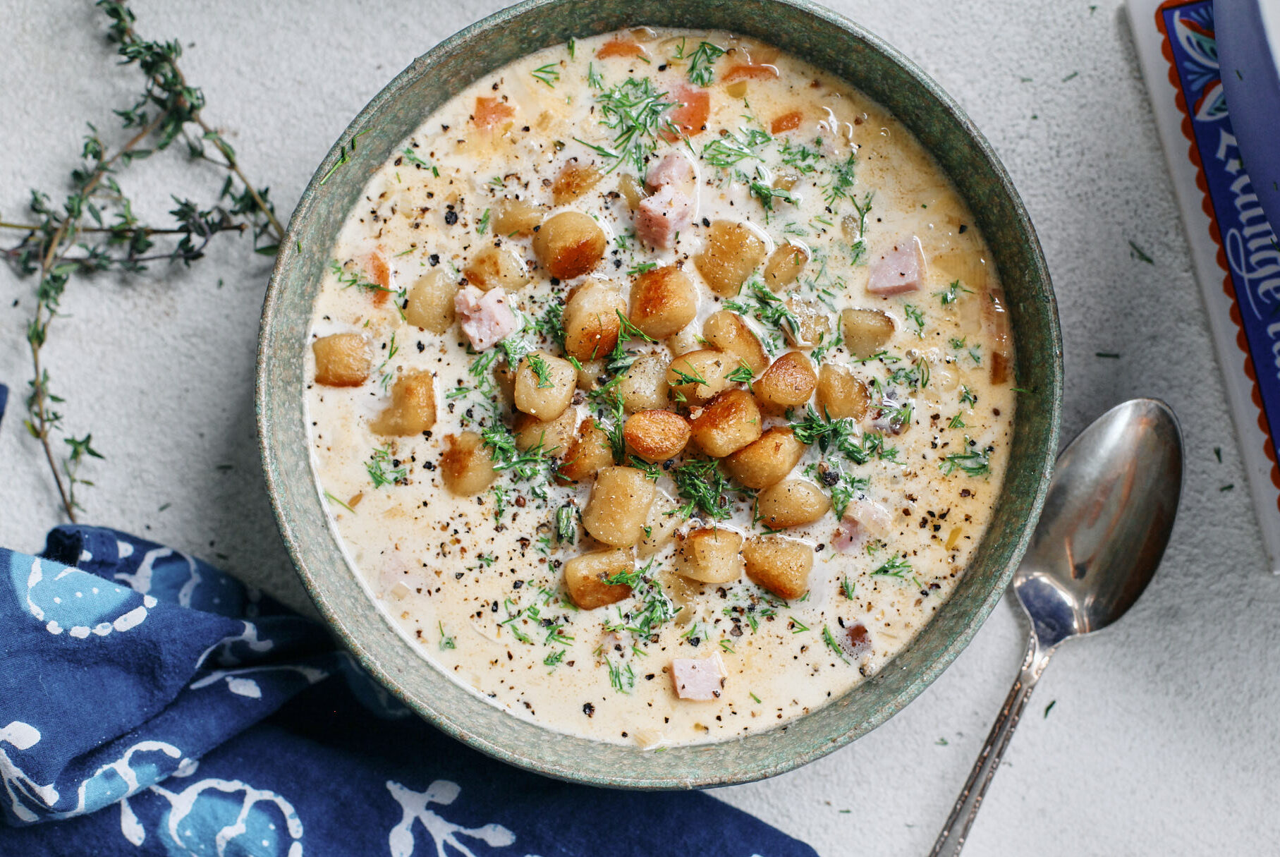 crispy gnocchi ham & leek soup