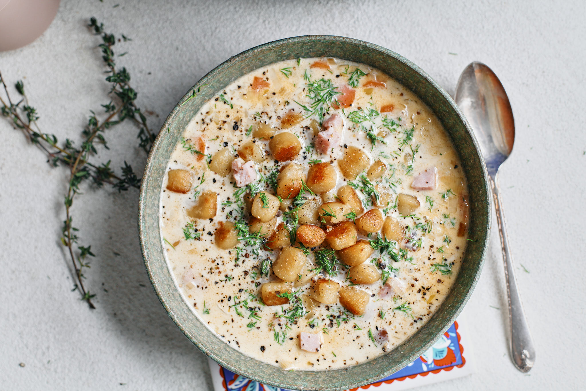 crispy gnocchi ham & leek soup