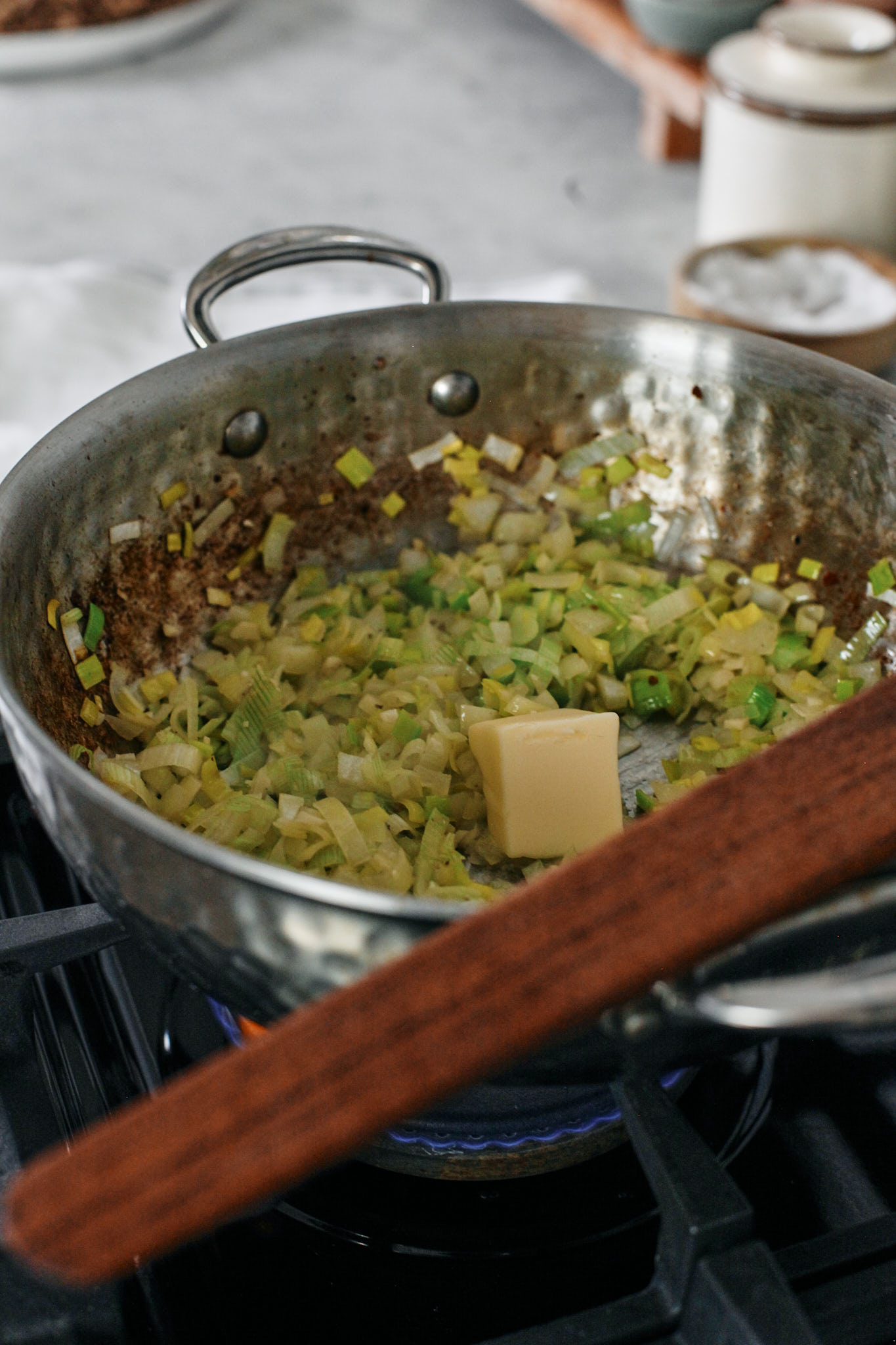 leeks, onion and garlic sautéeing in butter