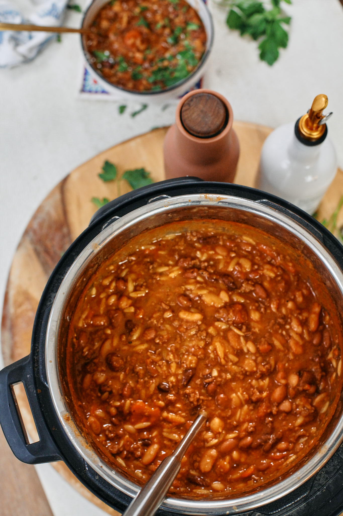 hearty Italian bean and orzo stew in the instant pot