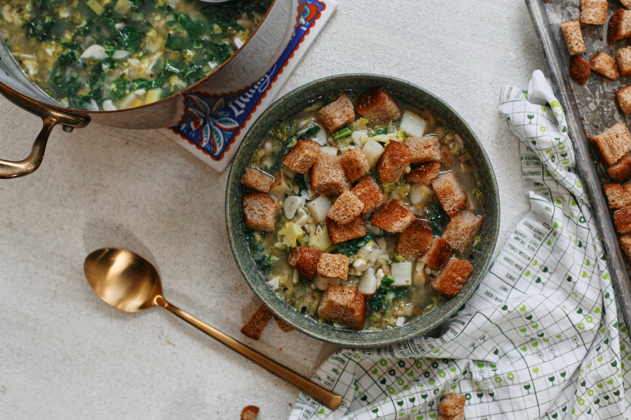 mighty greens garlic soup topped with croutons