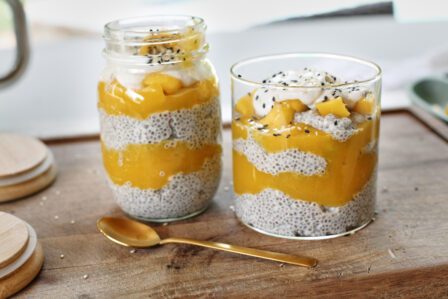 Two Jars of Mango Chia Pudding with Coconut whip