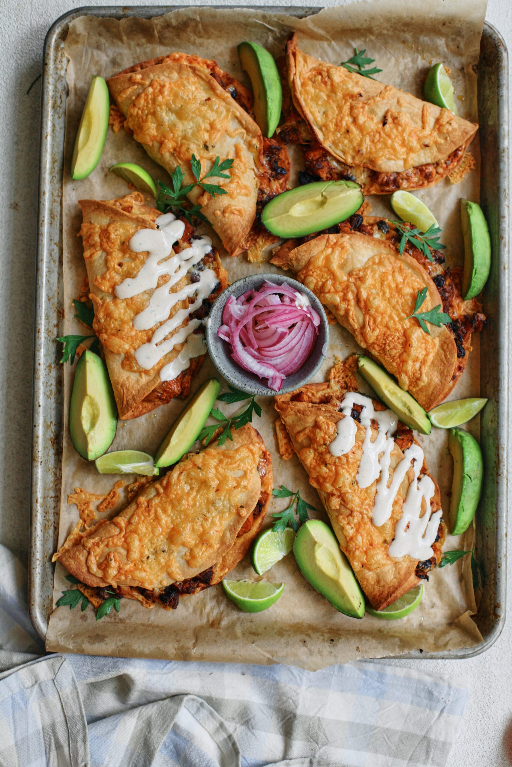 roasted corn, bacon, and broccoli salad sweet potato sheet pan tacos