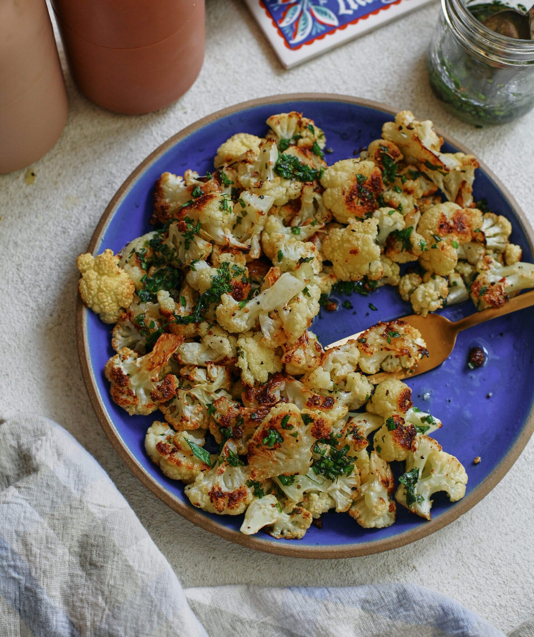 Salt and Vinegar Cauliflower 13 salt and vinegar cauliflower on a blue plate