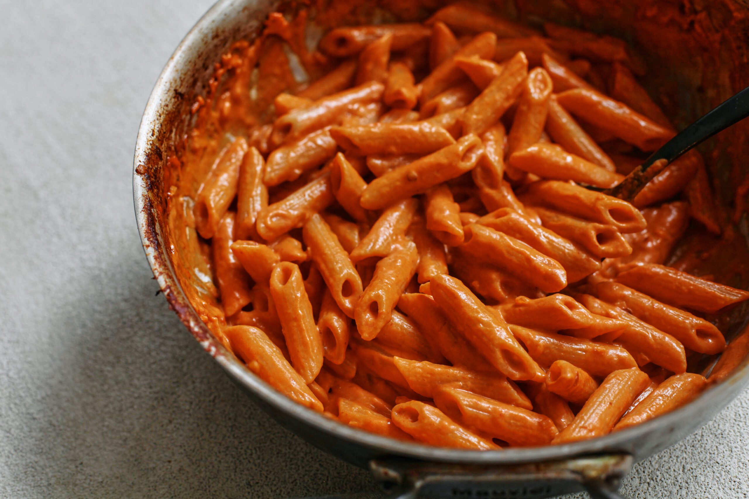 chili oil penne alla vodka 12 chili oil penne alla vodka in a pan, ready to serve