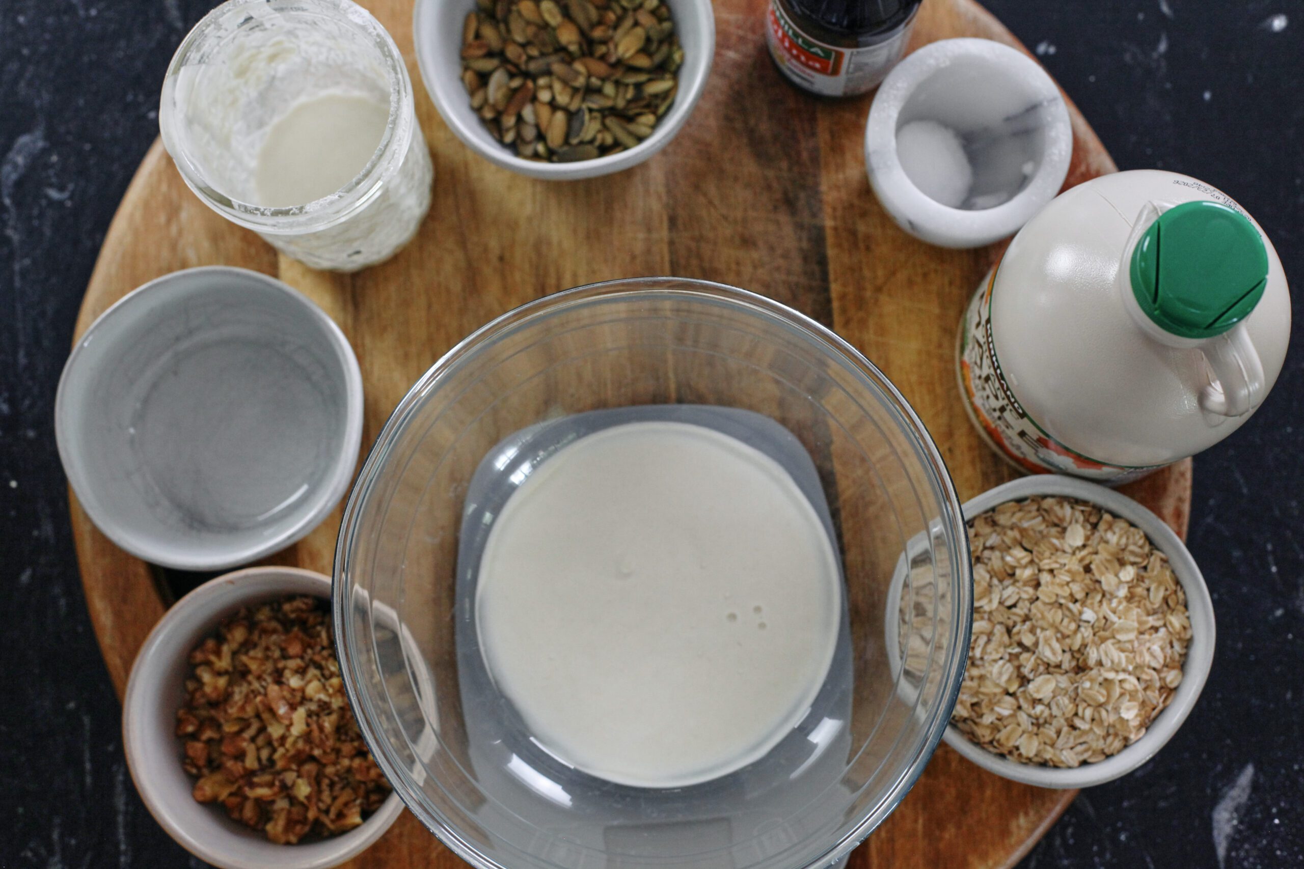 ingredients and mixing bowl prepped to make sourdough discard granola