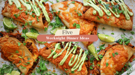 sheet pan beef tacos with avocado lime crema, with text that reads "five weeknight dinner ideas"