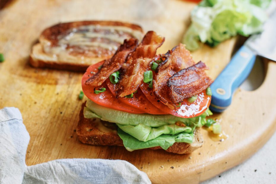 BLT sandwich assembled without the top piece of bread