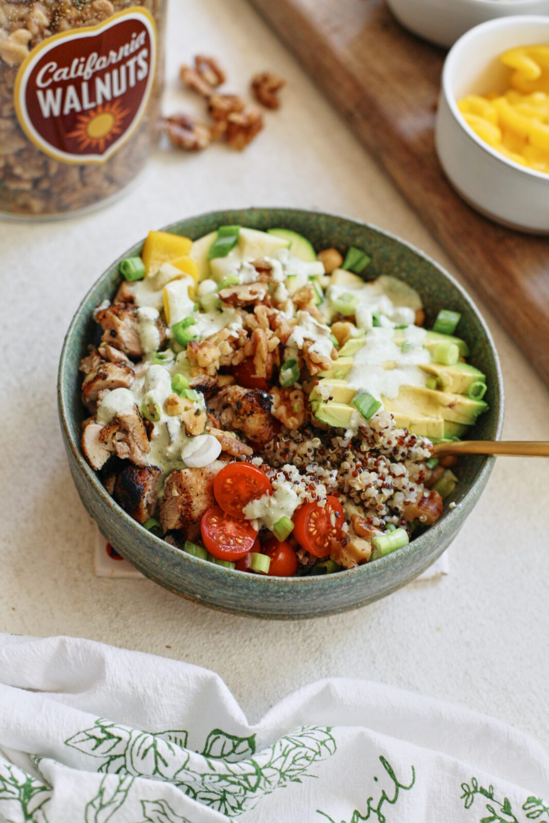 high protein grain bowl with garlic herb yogurt sauce