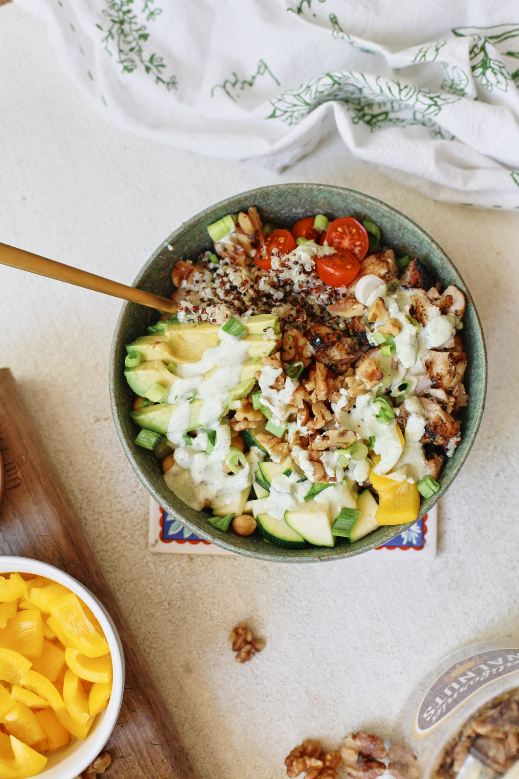 high protein grain bowl with garlic herb yogurt sauce