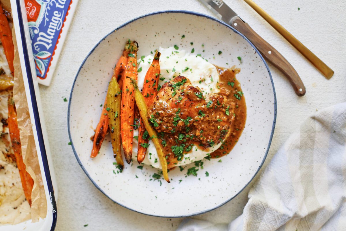garlic herb chicken with honey butter carrots and mashed potatoes