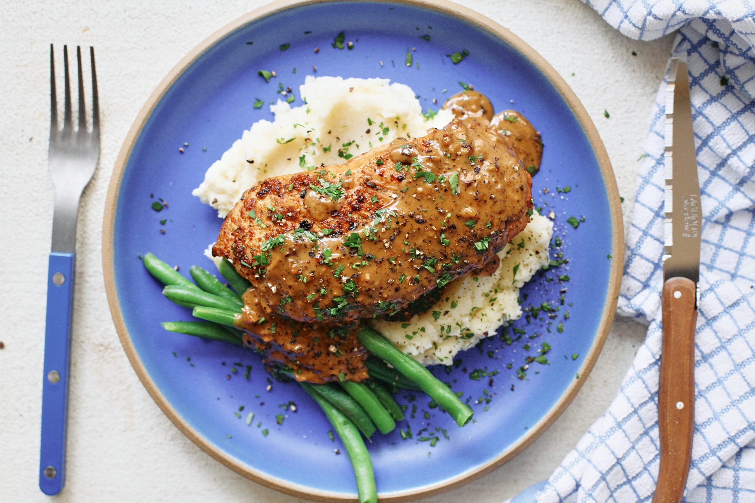 Chicken au Poivre with Boursin Mashed Potatoes and Green Beans