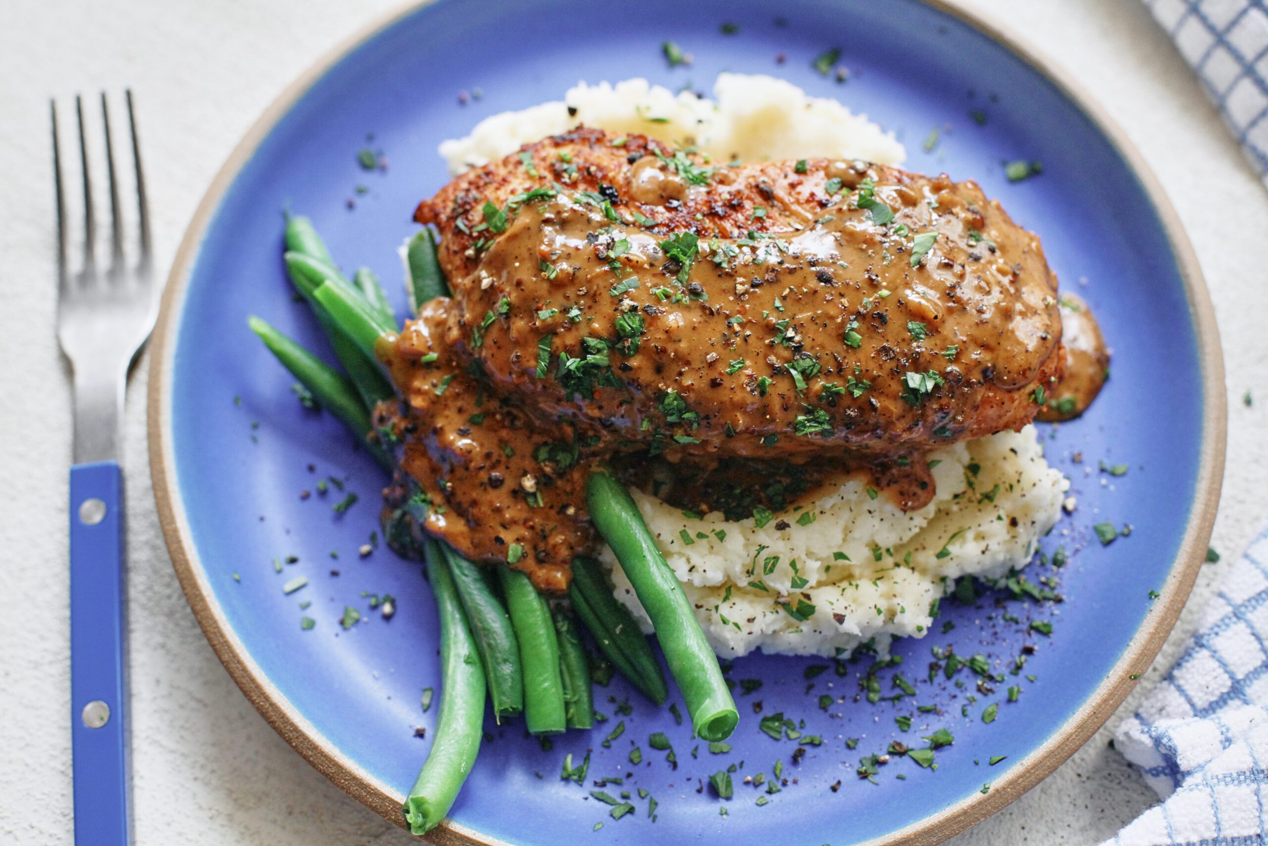 Chicken au Poivre with Boursin Mashed Potatoes and Green Beans