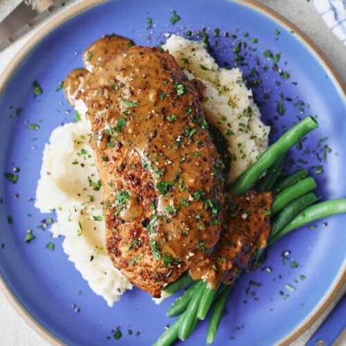 Chicken au Poivre with Boursin Mashed Potatoes and Green Beans