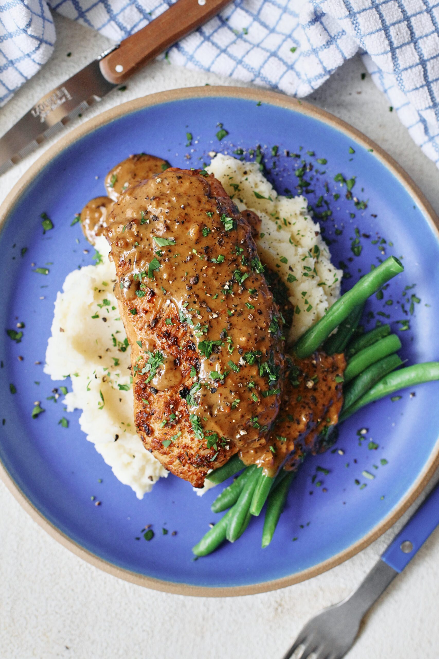 Chicken au Poivre with Boursin Mashed Potatoes and Green Beans