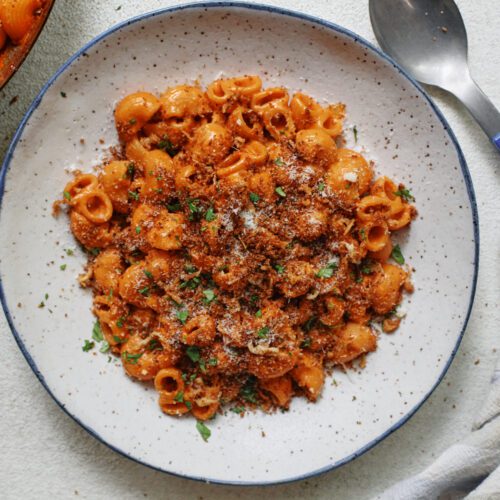 creamy vodka pasta topped with toasted garlic breadcrumbs, in a speckled white bowl with a blue-handled spoon to the side of the bowl