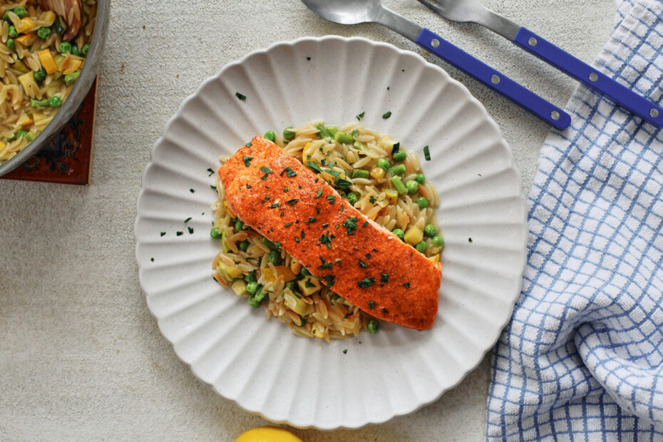 Cajun Salmon with Buttery Veggie Orzo