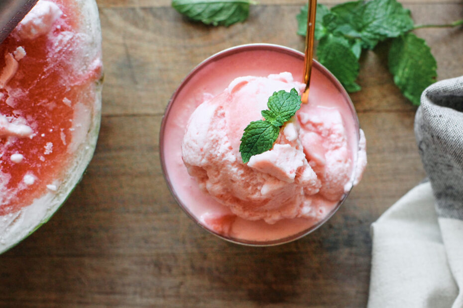 watermelon ice cream topped with mint