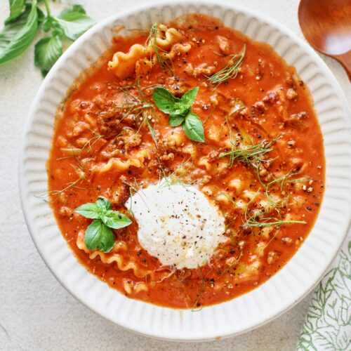 spicy italian sausage lasagna soup plated in a bowl