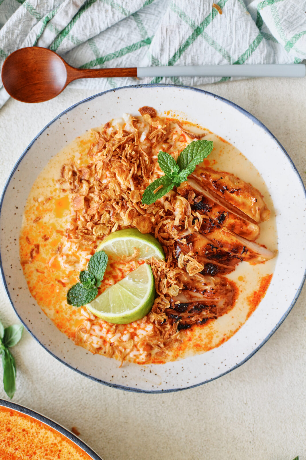 spicy yellow curry chicken & brothy rice bowl topped with crispy shallots, mint, and lime wedges