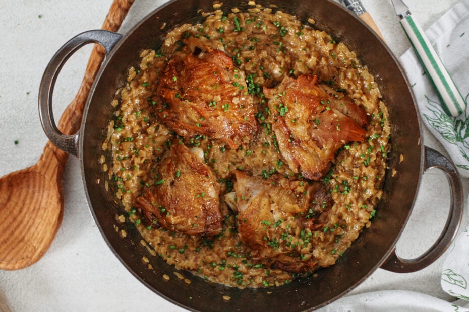 French Onion Pastina with Crispy Chicken Thighs